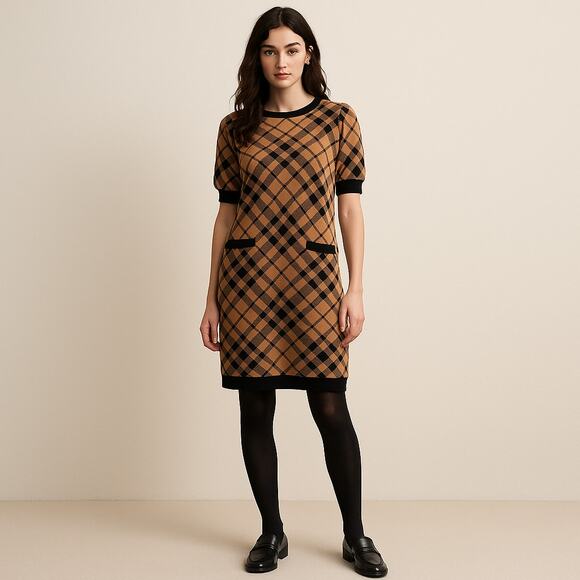 NY&C Knit Dress Sz M Argyle Preppy Dark Academia Plaid Cottagecore Puff Sleeve - Picture 1 of 13